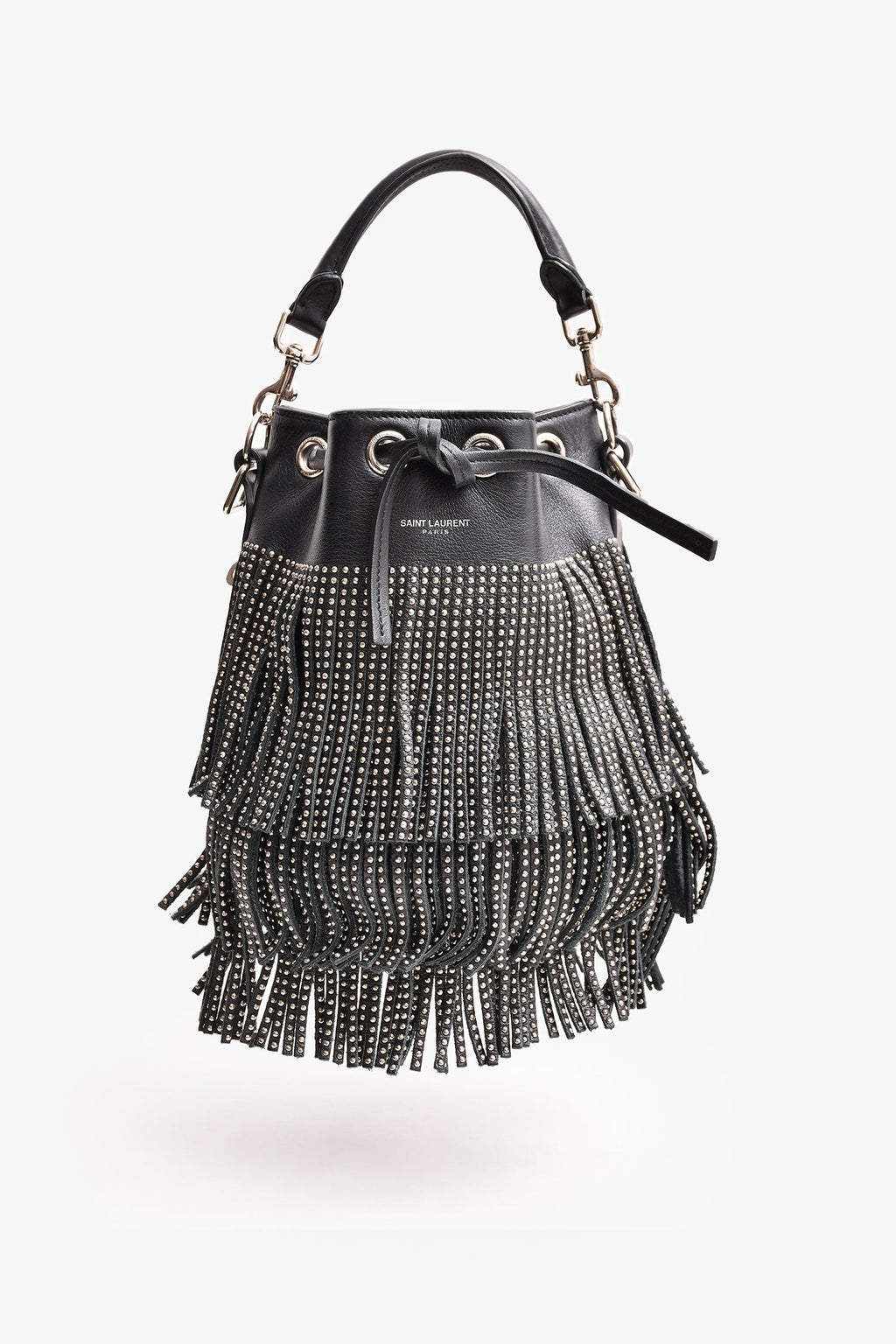 Saint Laurent Black/Silver Leather Fringe Bucket Bag