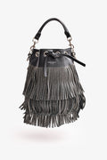 Saint Laurent Black/Silver Leather Fringe Bucket Bag