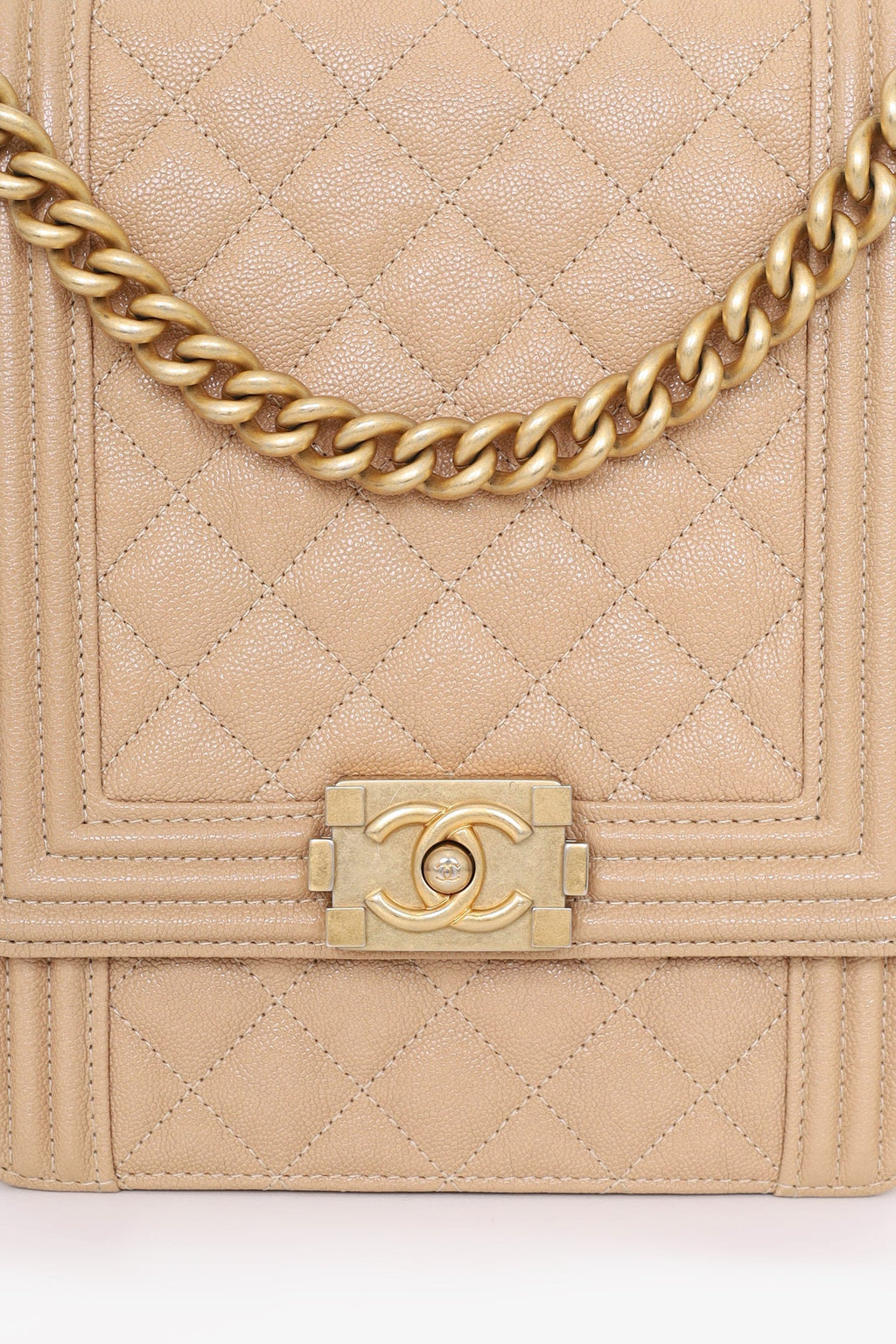 Pre-Loved Chanel™ 2019  Beige Caviar Quilted North South Boy Flap Bag