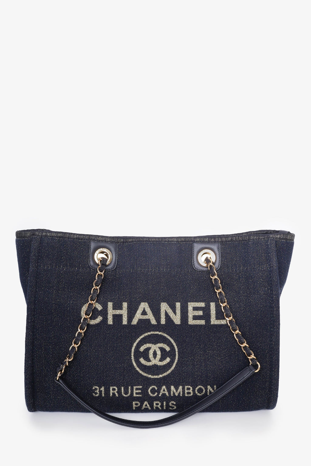 Pre-Loved Chanel™ 2018-19 Navy Glitter Canvas Deauville Tote Bag