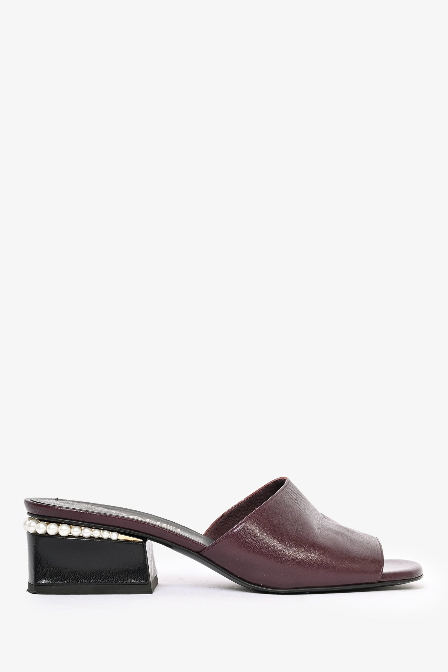 Pre-Loved Chanel™ 2022 Burgundy Leather Pearl Embellished Heeled Mules Size 37