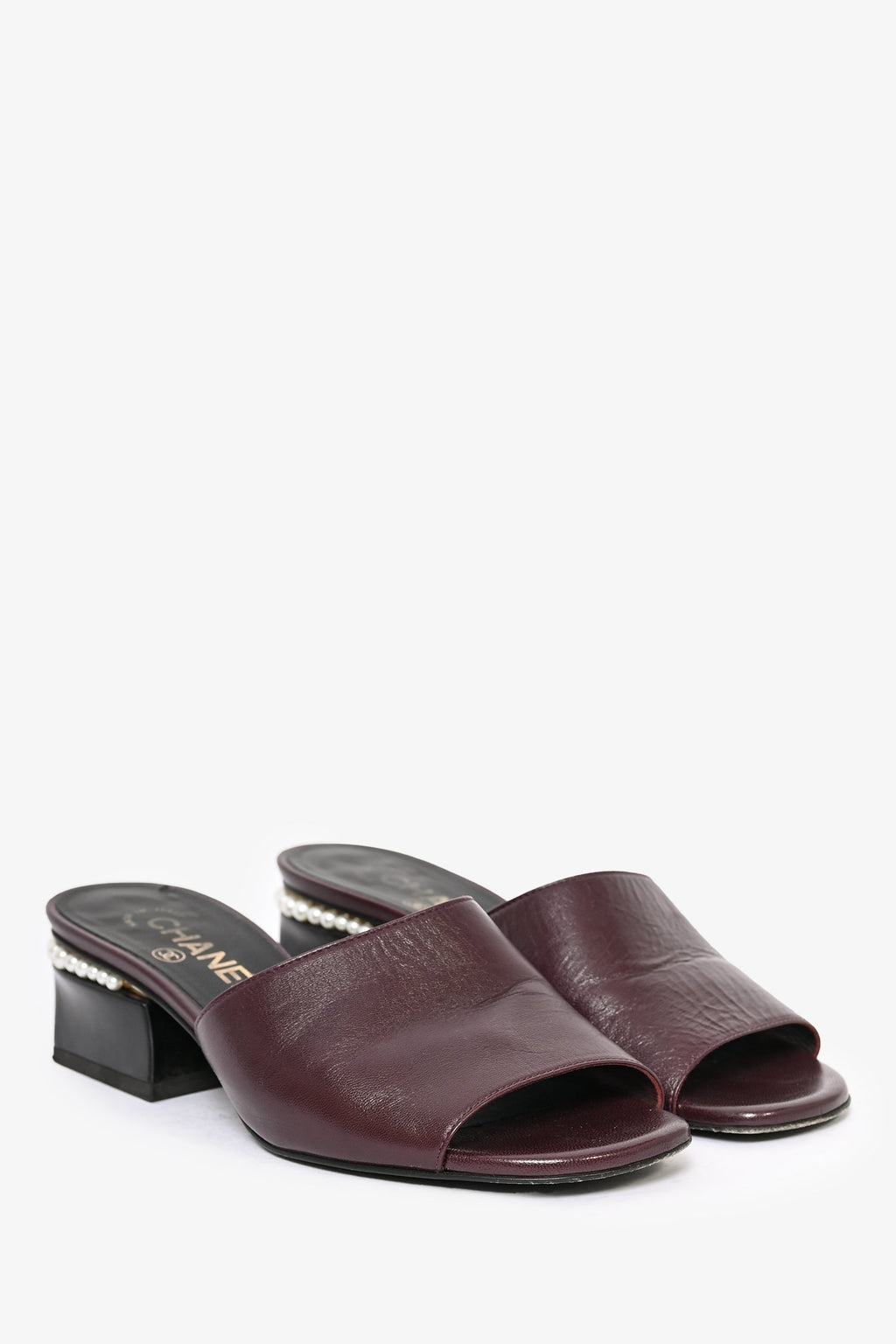 Pre-Loved Chanel™ 2022 Burgundy Leather Pearl Embellished Heeled Mules Size 37