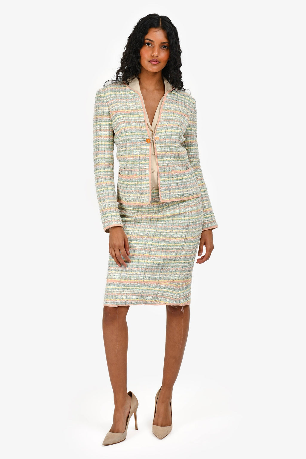 Pre-Loved Chanel™ 05P Pink/Green Tweed Jacket with Midi Skirt Set Size 36