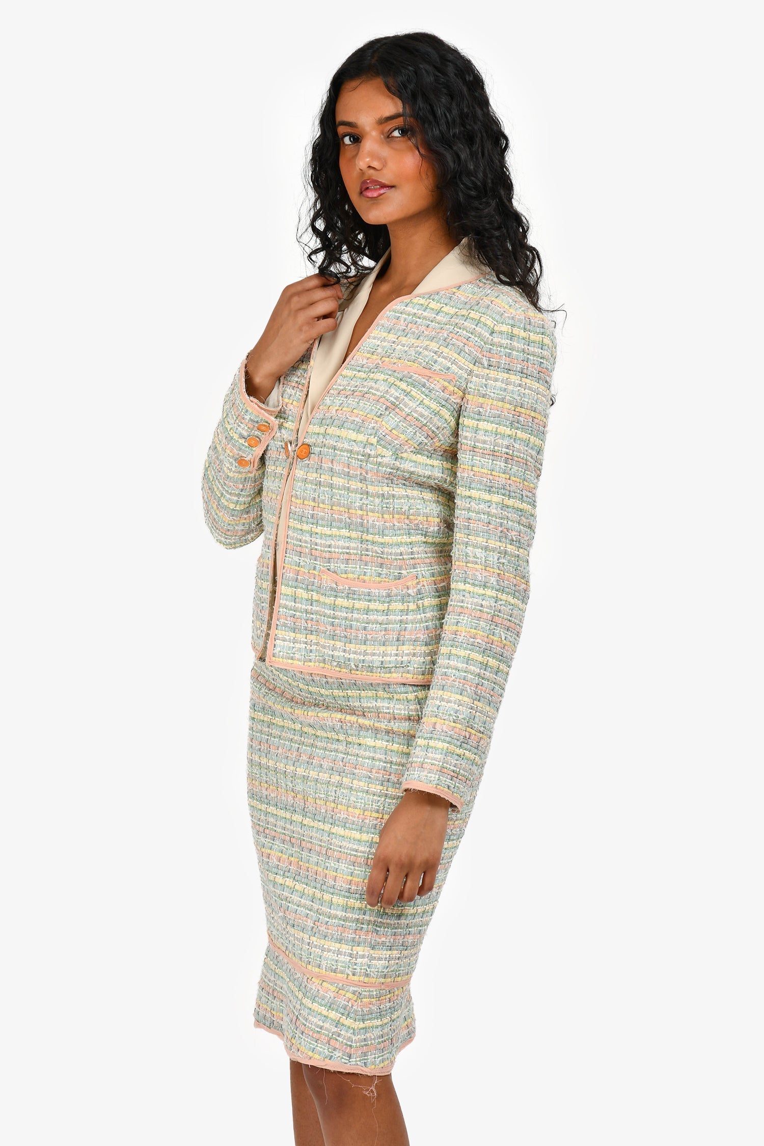 Pre-Loved Chanel™ 05P Pink/Green Tweed Jacket with Midi Skirt Set Size 36