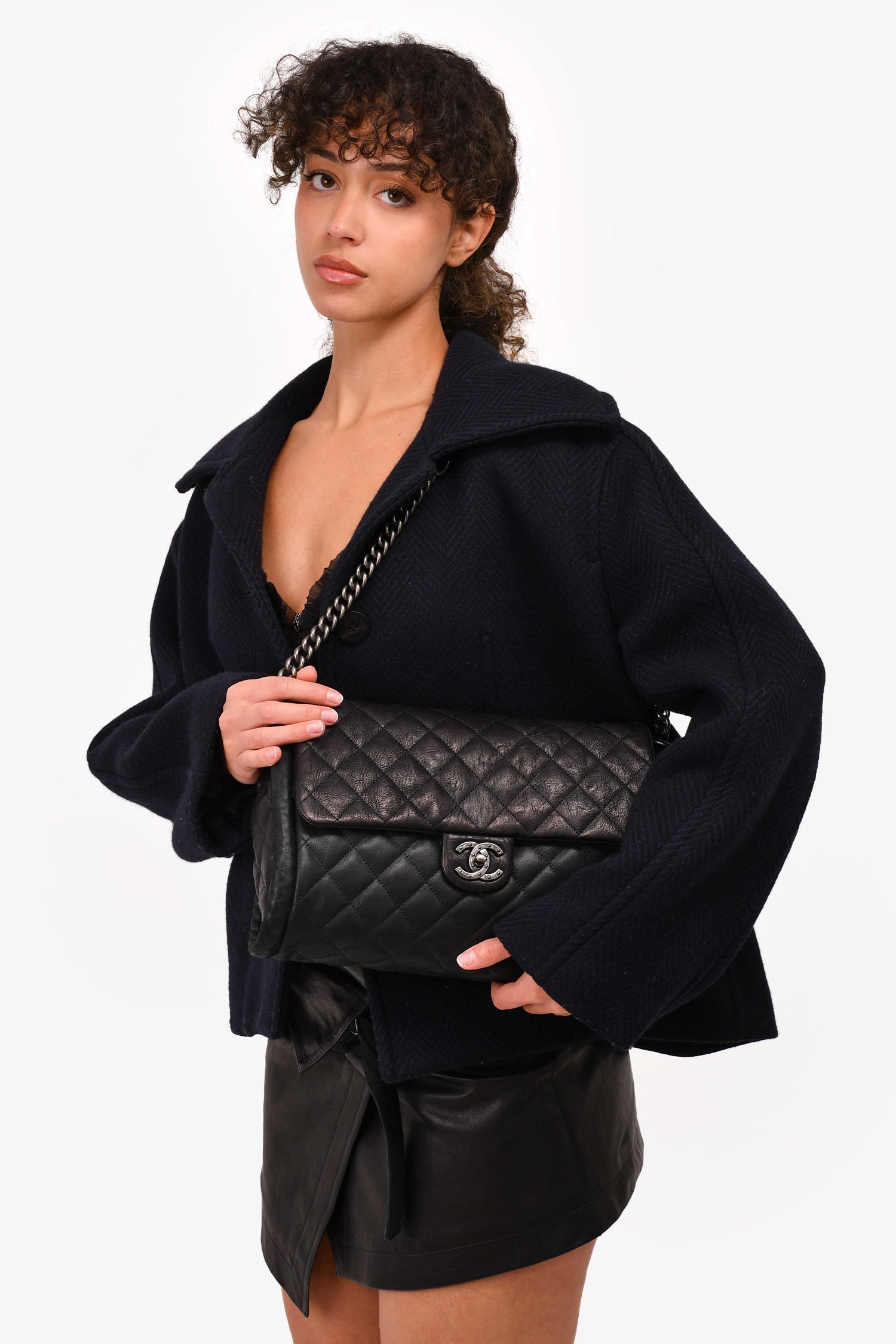 Pre-Loved Chanel™ 2014 Black/Green Washed Lambskin Quilted Studded CC Flap Shoulder Bag