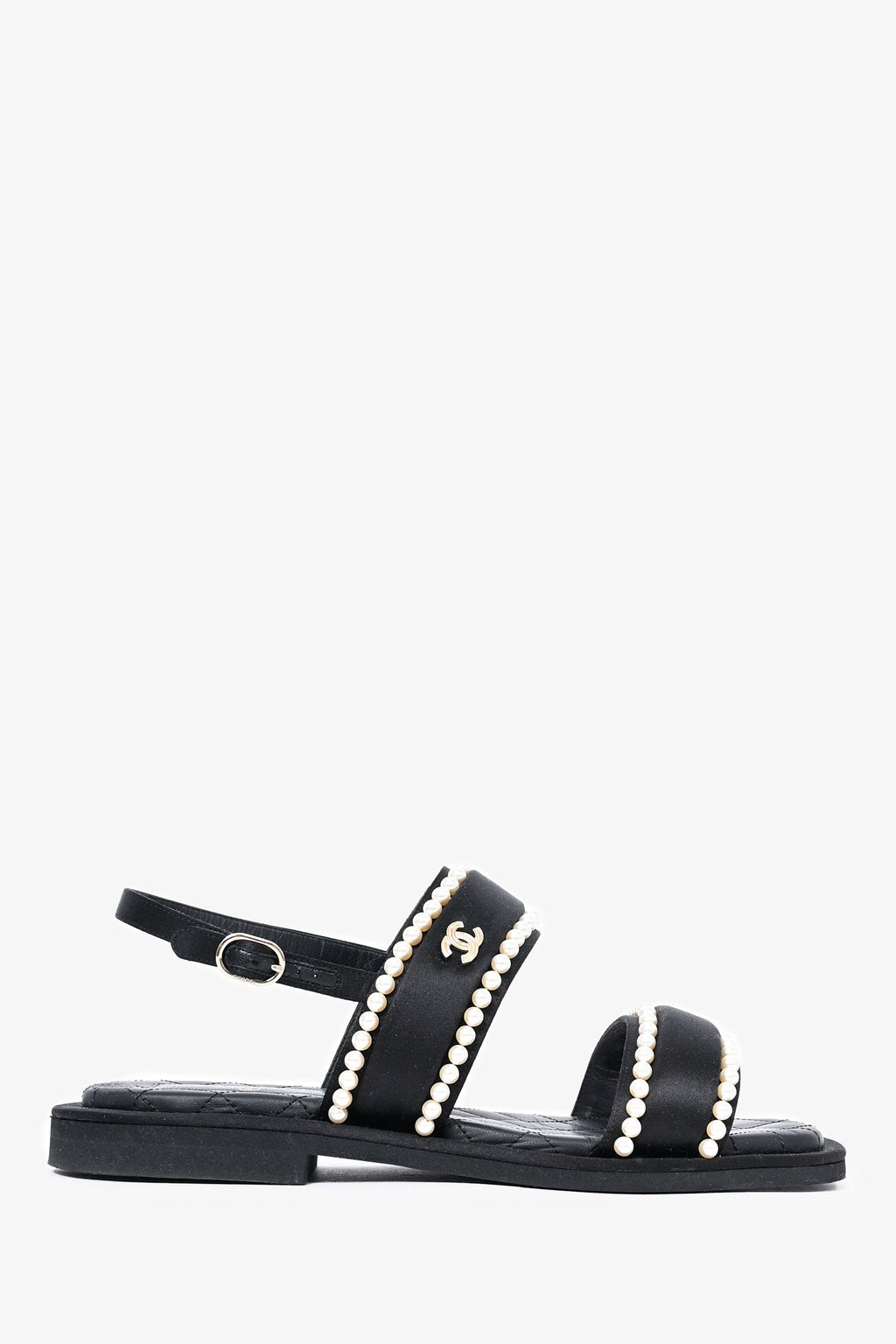Pre-Loved Chanel™ 2022 Cruise Black Satin Pearl Quilted Flat Sandals Size 38.5