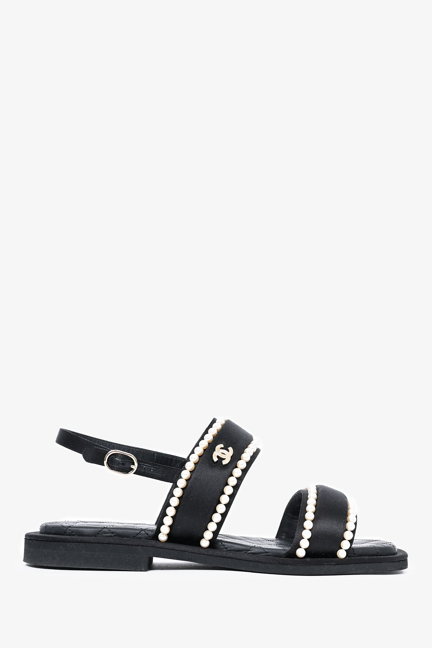 Pre-Loved Chanel™ 2022 Cruise Black Satin Pearl Quilted Flat Sandals Size 38.5