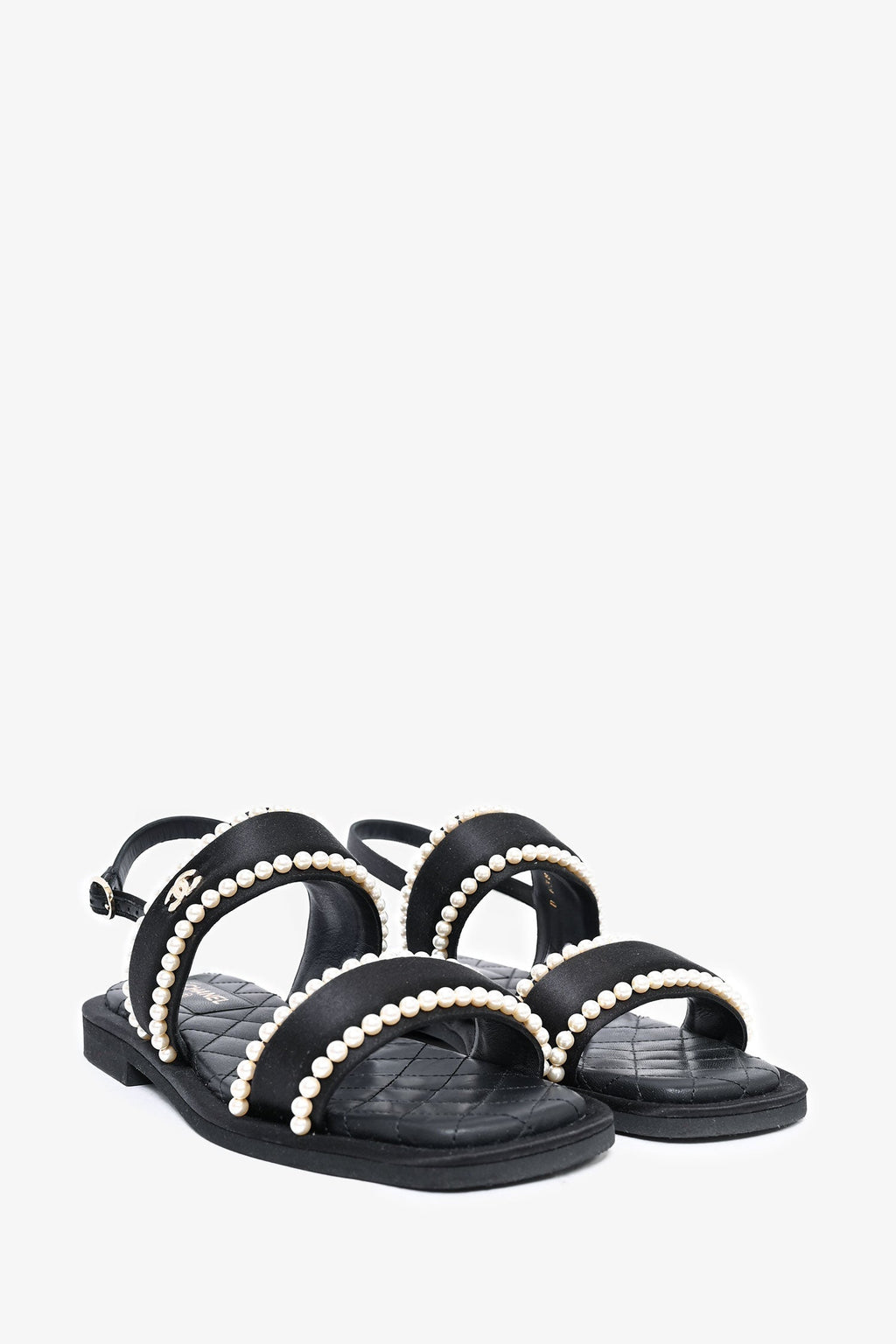 Pre-Loved Chanel™ 2022 Cruise Black Satin Pearl Quilted Flat Sandals Size 38.5