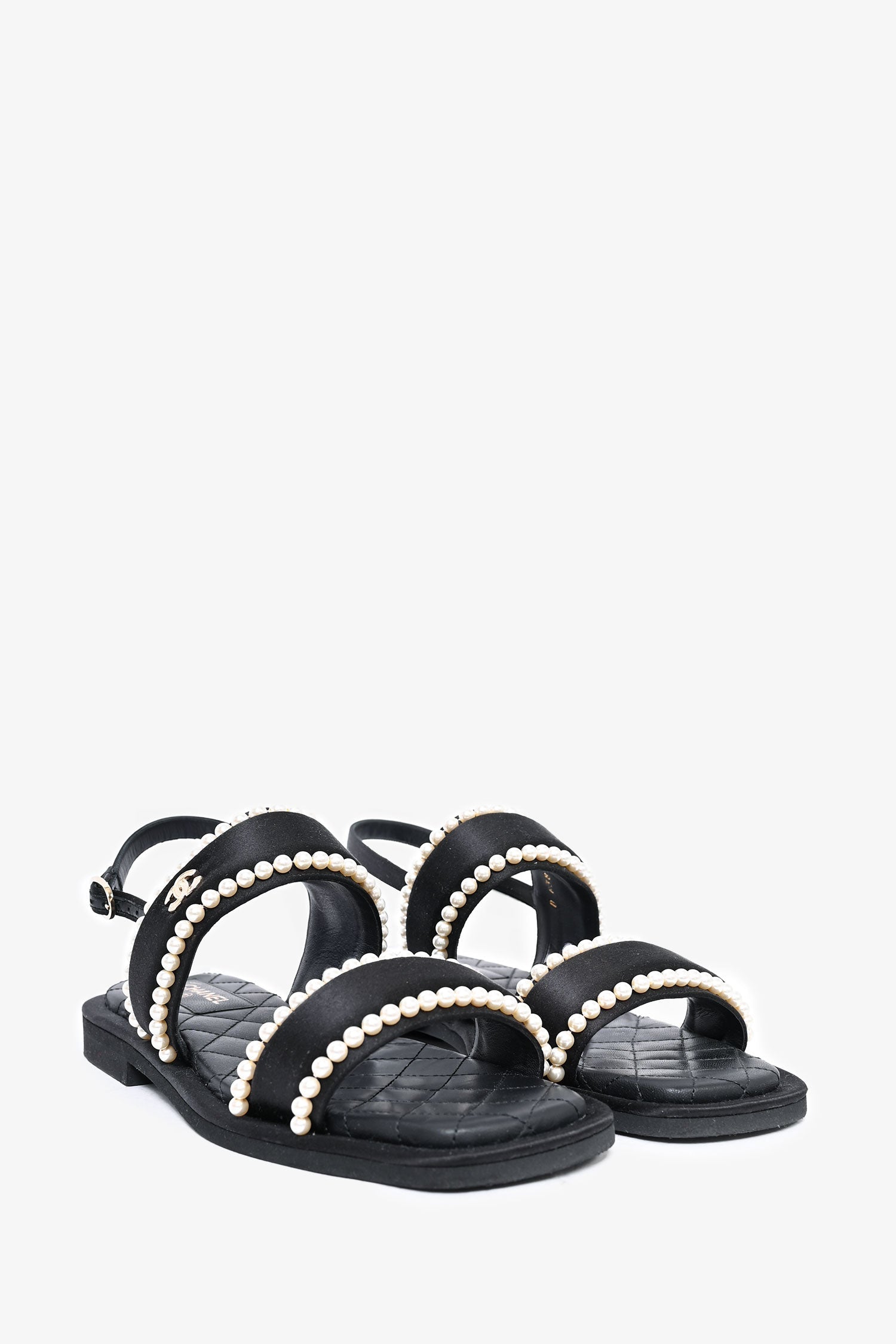 Pre-Loved Chanel™ 2022 Cruise Black Satin Pearl Quilted Flat Sandals Size 38.5