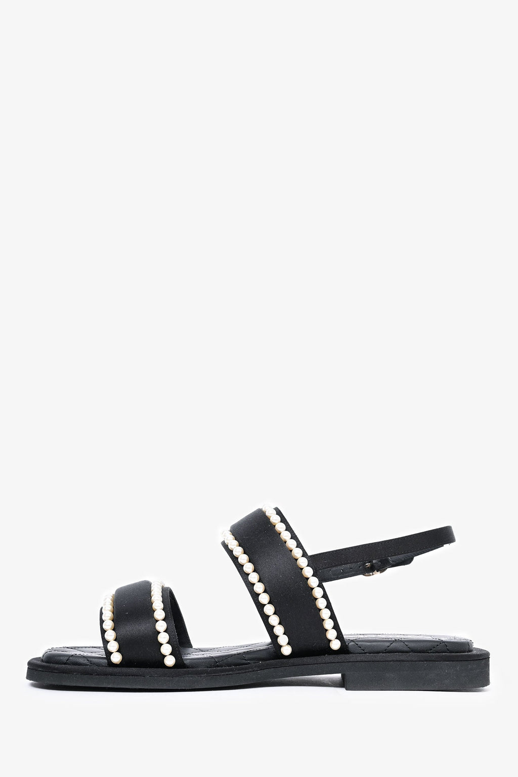 Pre-Loved Chanel™ 2022 Cruise Black Satin Pearl Quilted Flat Sandals Size 38.5