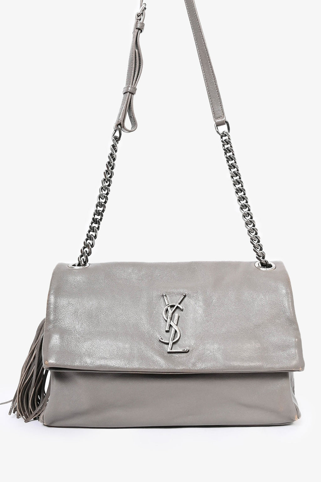 Saint Laurent Grey Leather Medium Tassel Shoulder Bag (As Is)