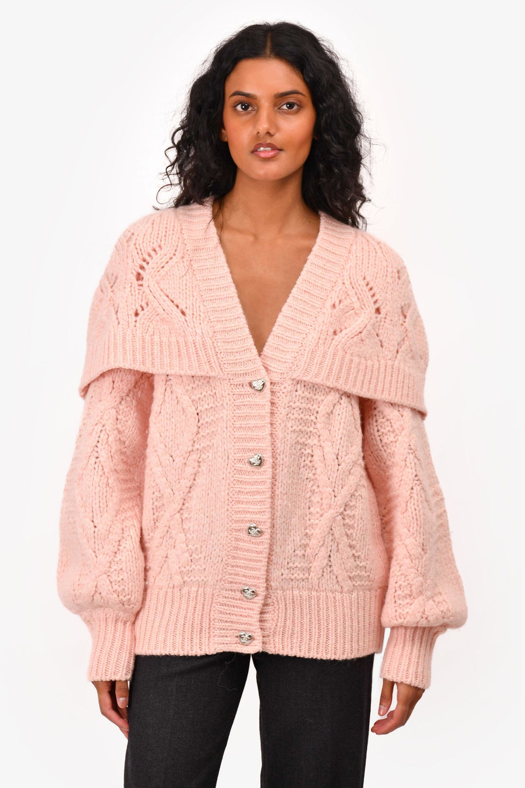 Pre-Loved Chanel™ Fall/Winter 2021 Pink Wool/Alpaca Chunky Knit igan with Silver Heart Buttons Size 38