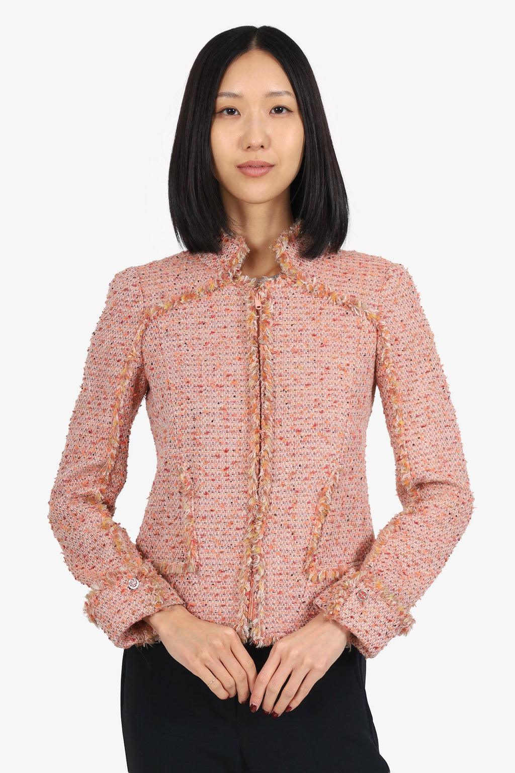 Pre-Loved Chanel™ 04P Pink Tweed Zip Up Jacket Size 34
