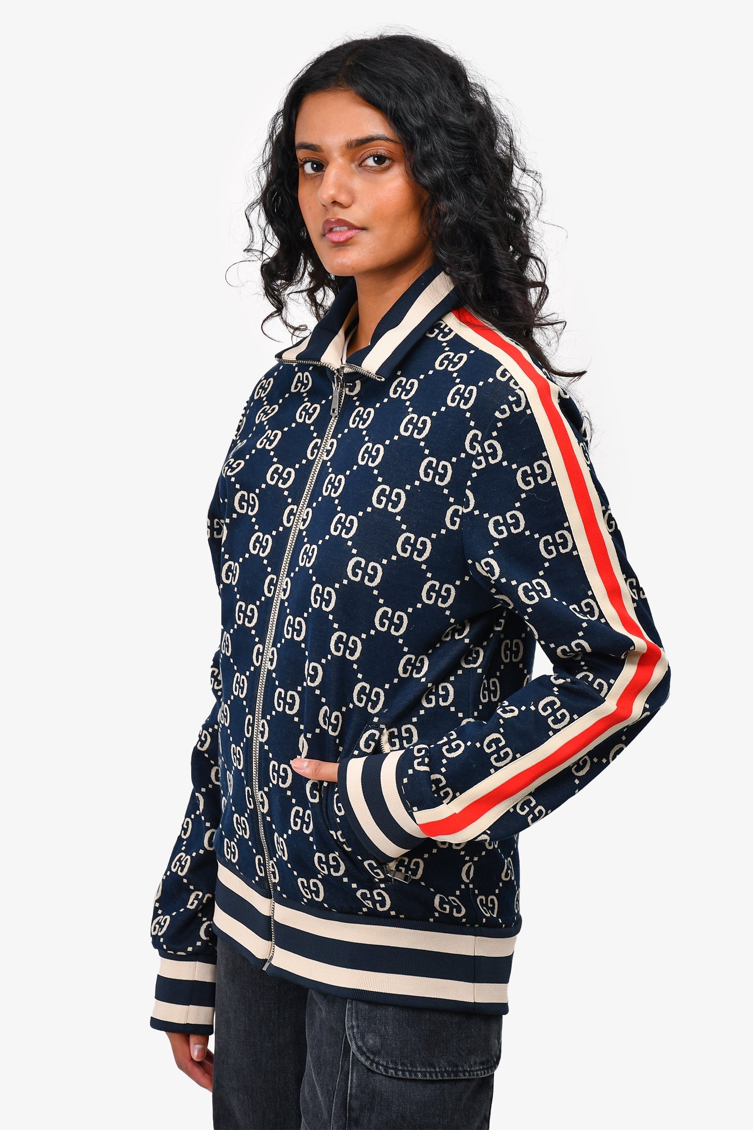 Gucci Navy Monogram Zip Up Jacket Size S