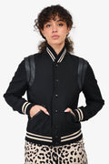 Saint Laurent Black Leather Trimmed Varsity Jacket Size 38