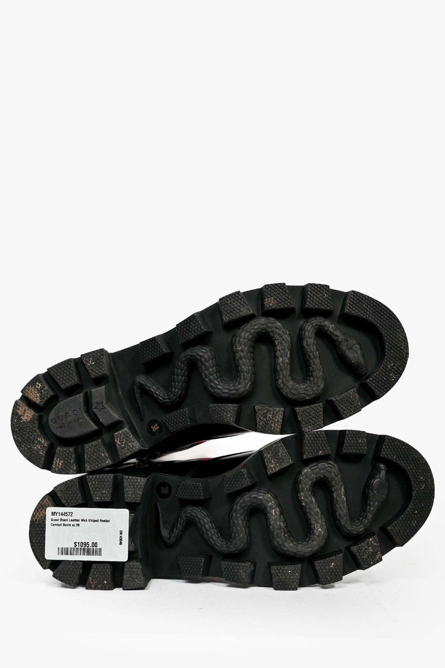 Gucci Black Leather Web Striped Heeled Combat Boots Size 38