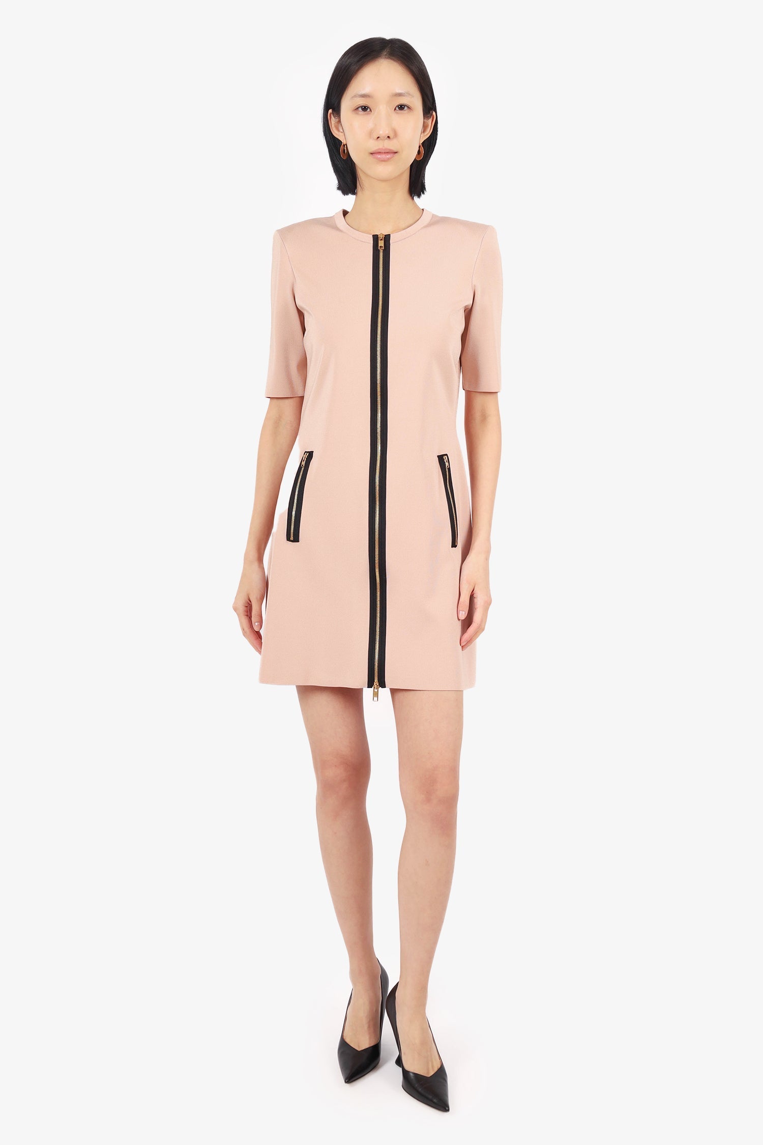 Gucci Blush Pink/Black Knit Front Zip Short Sleeve Mini Dress Size L