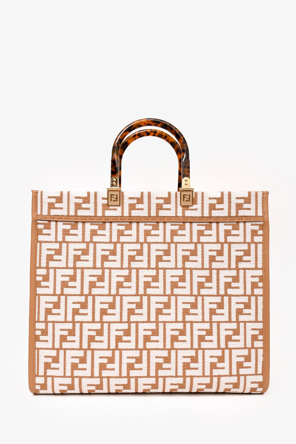 Fendi Brown/ White Leather/Canvas FF Zucca Sunshine Shopping Tote With Strap