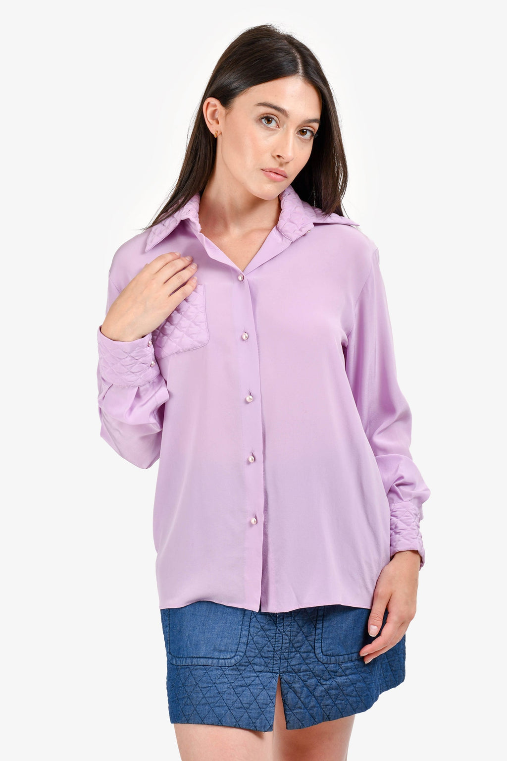 Pre-Loved Chanel™ Lavender Silk CC Button Quilted Details Blouse Size 38