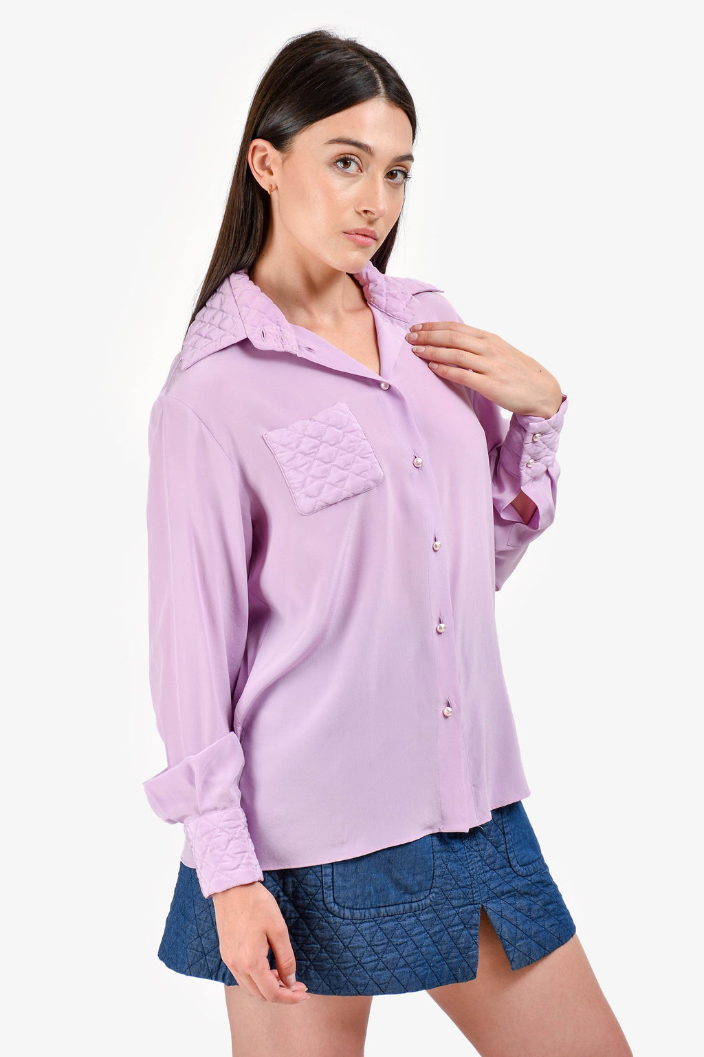 Pre-Loved Chanel™ Lavender Silk CC Button Quilted Details Blouse Size 38