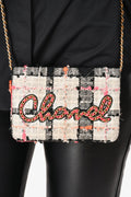 Pre-Loved Chanel™ 2019 Pink/Black/Cream Tweed Wallet On Chain