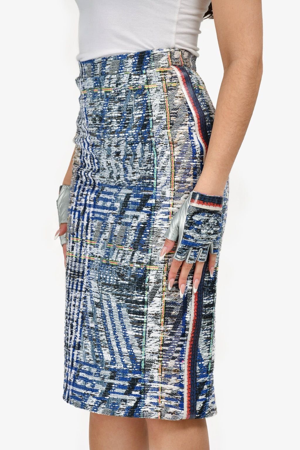 Pre-Loved Chanel™ 2016 S/S Runway Blue/Multi Tweed Midi Skirt Size 36 + Matching Gloves