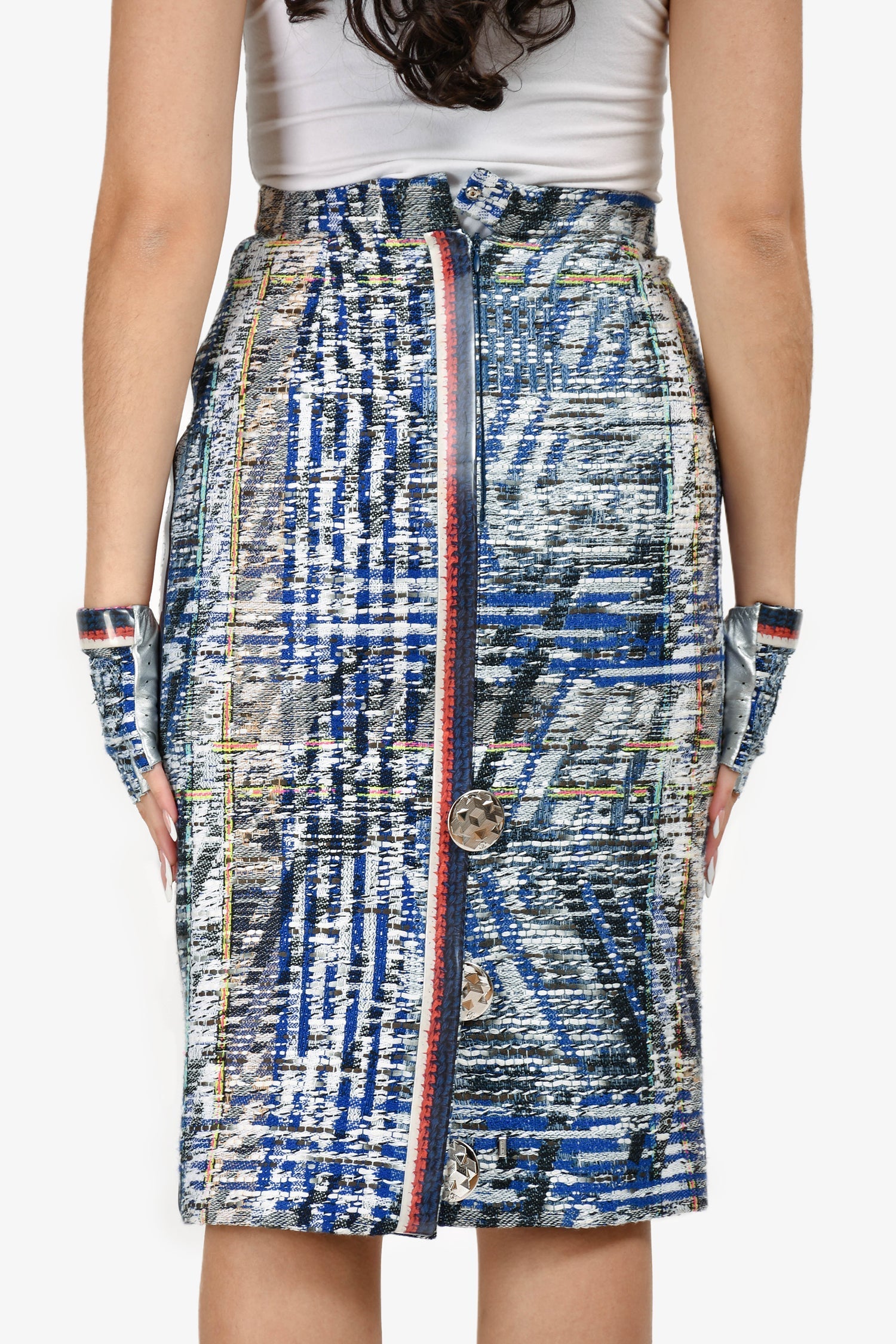 Pre-Loved Chanel™ 2016 S/S Runway Blue/Multi Tweed Midi Skirt Size 36 + Matching Gloves