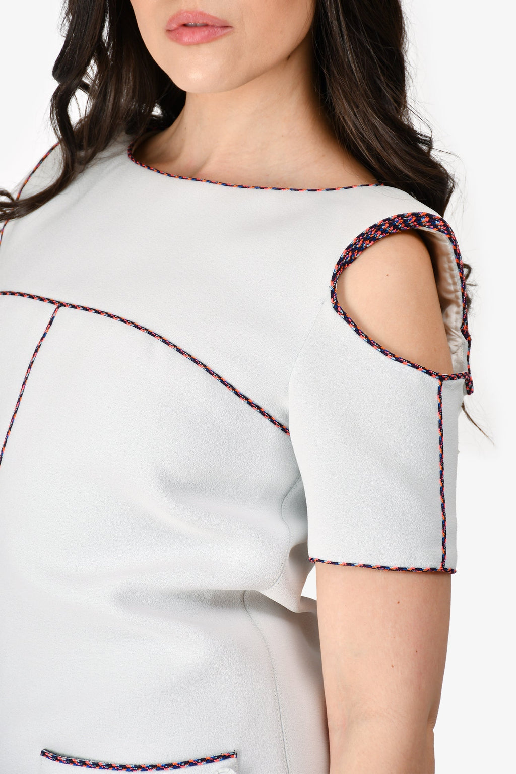 Pre-loved Chanel™ Light Grey/Multi Coloured Braided Trim Cold Shoulder Shift Dress Size 38