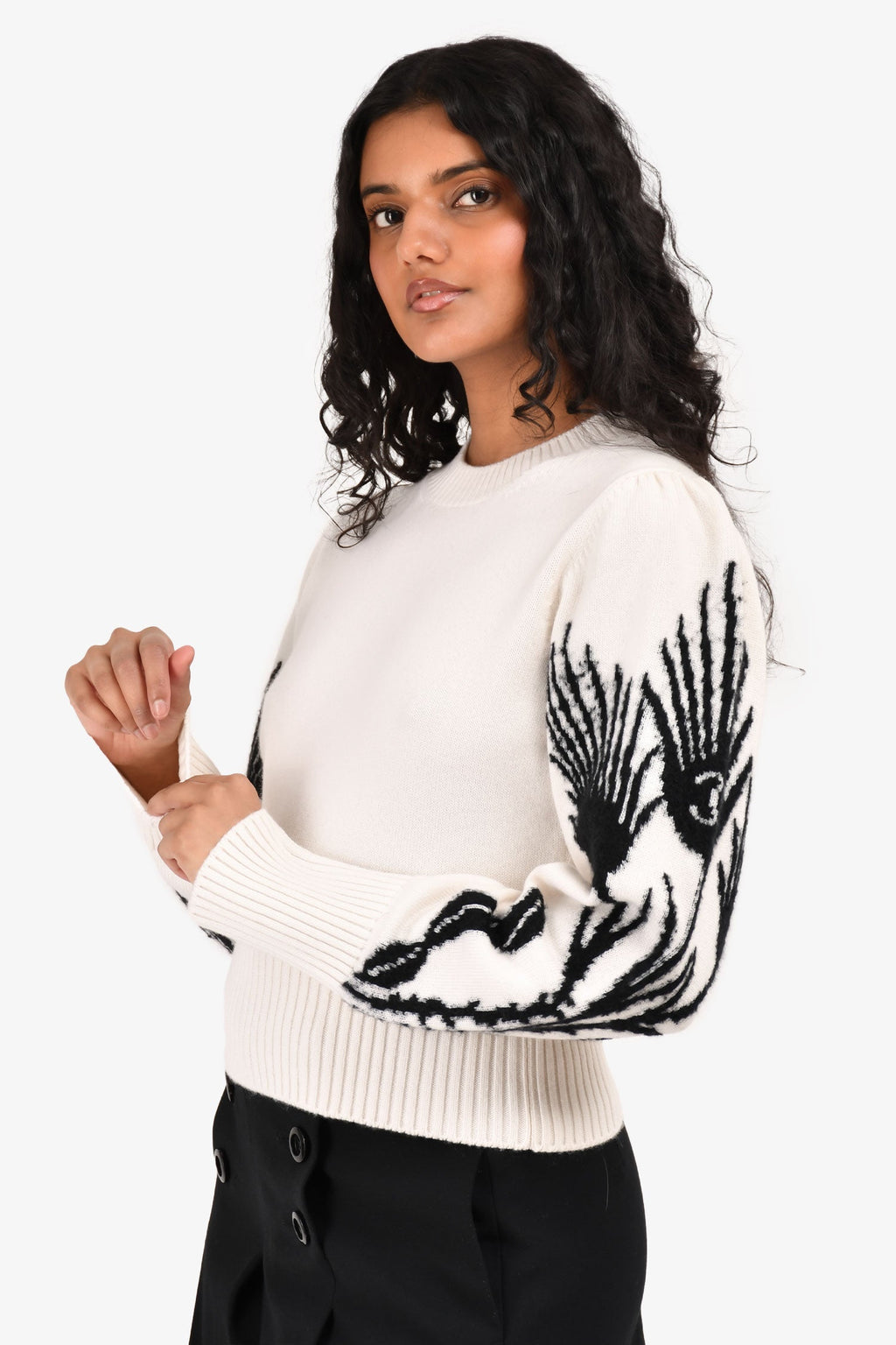 Pre-Loved Chanel™ Cream/Black CC Printed Sleeve Crewneck Sweater Size 34
