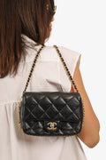 Pre-Loved Chanel™ 2023 Black Quilted Lambskin Chain Around Mini Square Flap Bag