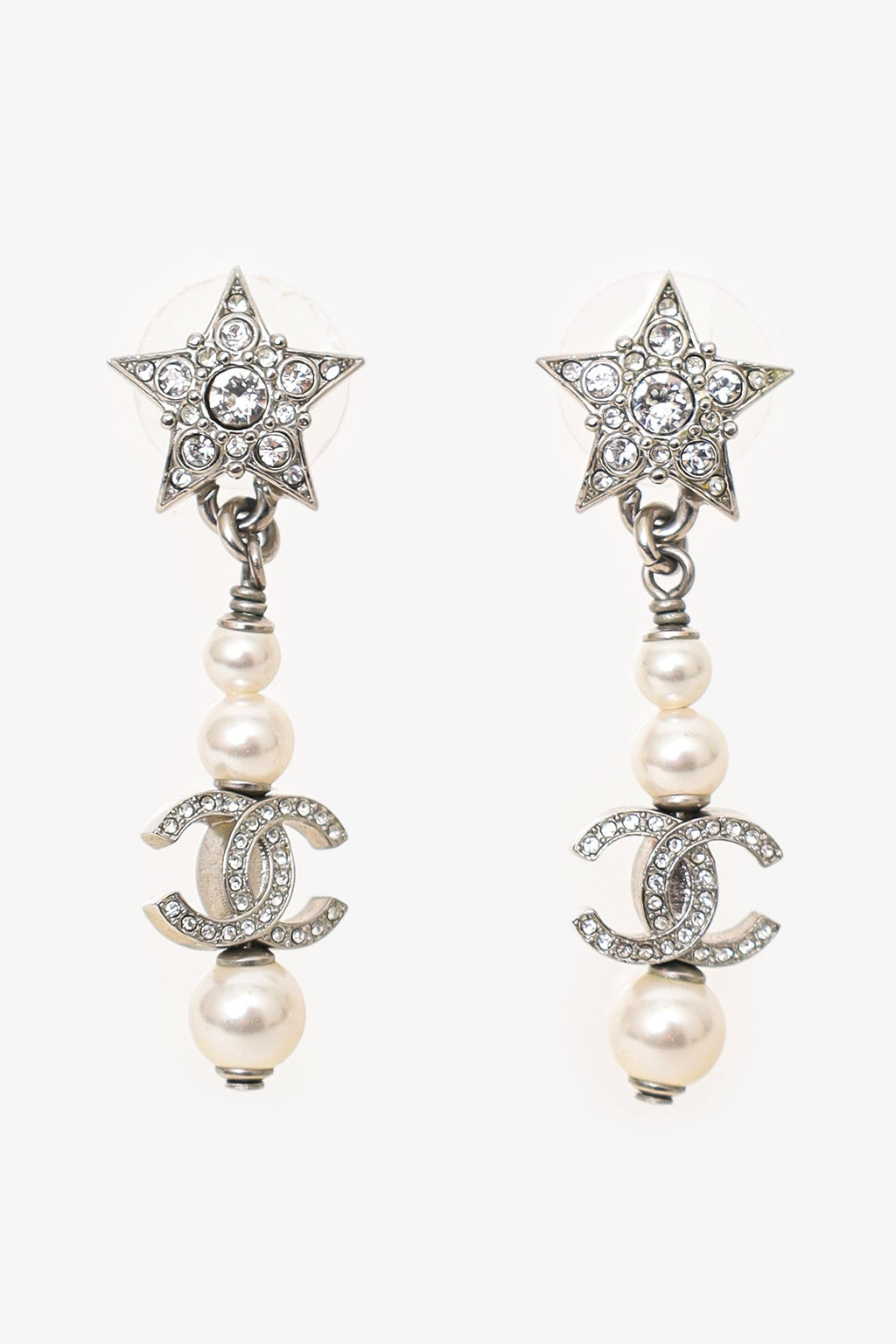 Pre-Loved Chanel™ 2020 Silver Tone Faux Pearl & Strass CC Star Drop Earrings