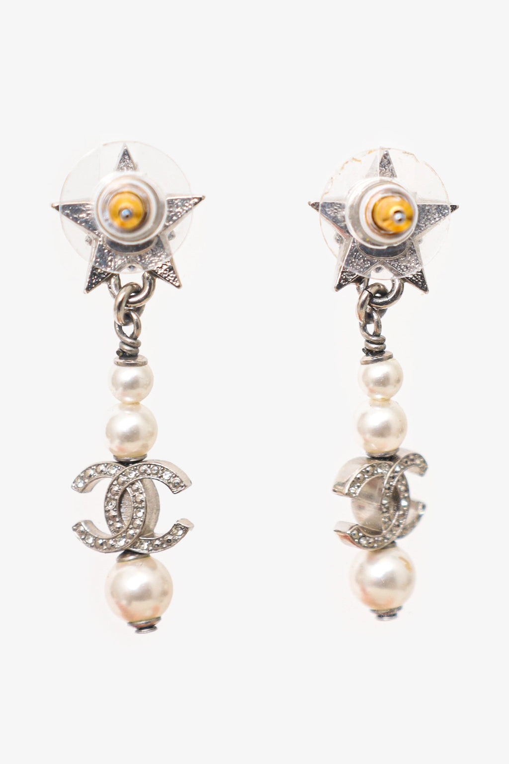 Pre-Loved Chanel™ 2020 Silver Tone Faux Pearl & Strass CC Star Drop Earrings