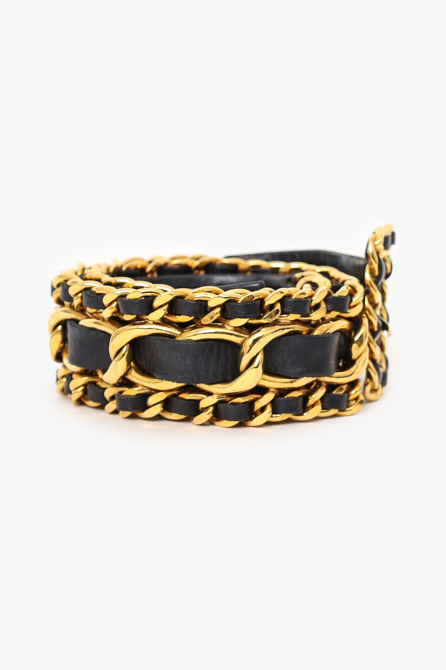 Pre-Loved Chanel™ Vintage Black Leather Gold Chain Belt Size 75