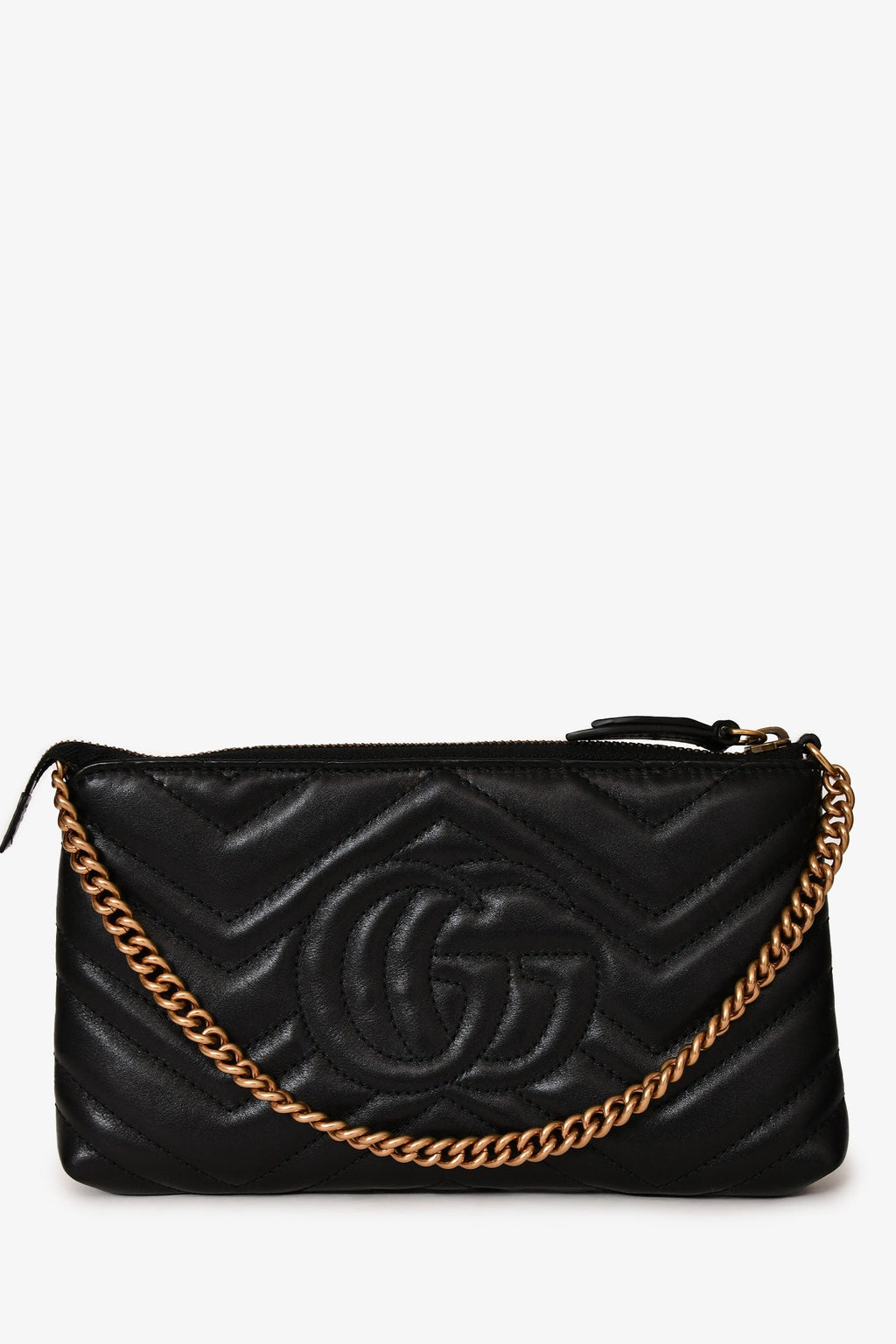 Gucci Black Diagonal Leather GG Marmont Zip Pouch with Chain