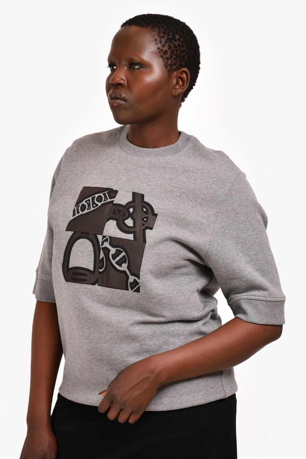 Hermès Grey/Brown Leather Embroidered "Metallerie au Carre" Short Sleeves Sweatshirt Size XL Mens