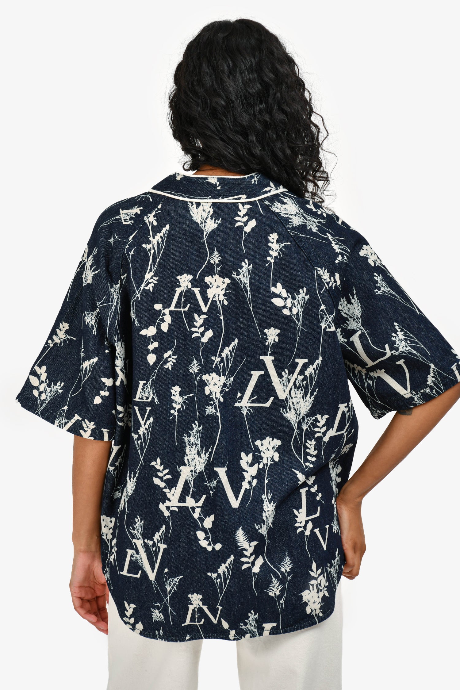 Louis Vuitton 2020 Blue Denim/White LV Leaf Printed Baseball Shirt Size M Mens