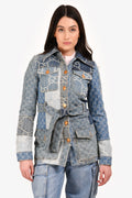Gucci Blue GG Patchwork Denim Jacket with Waist Belt Size 36