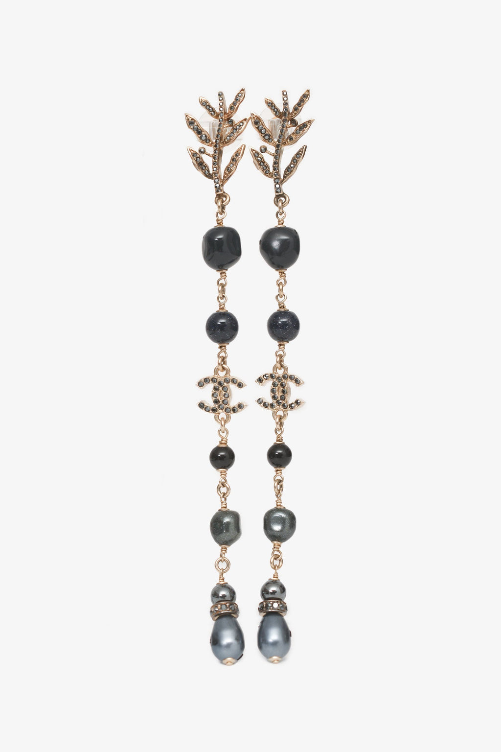Pre-Loved Chanel™ 2018 Forest Leaf Navy CC Logo Crystal Pearl Long Drop Earrings