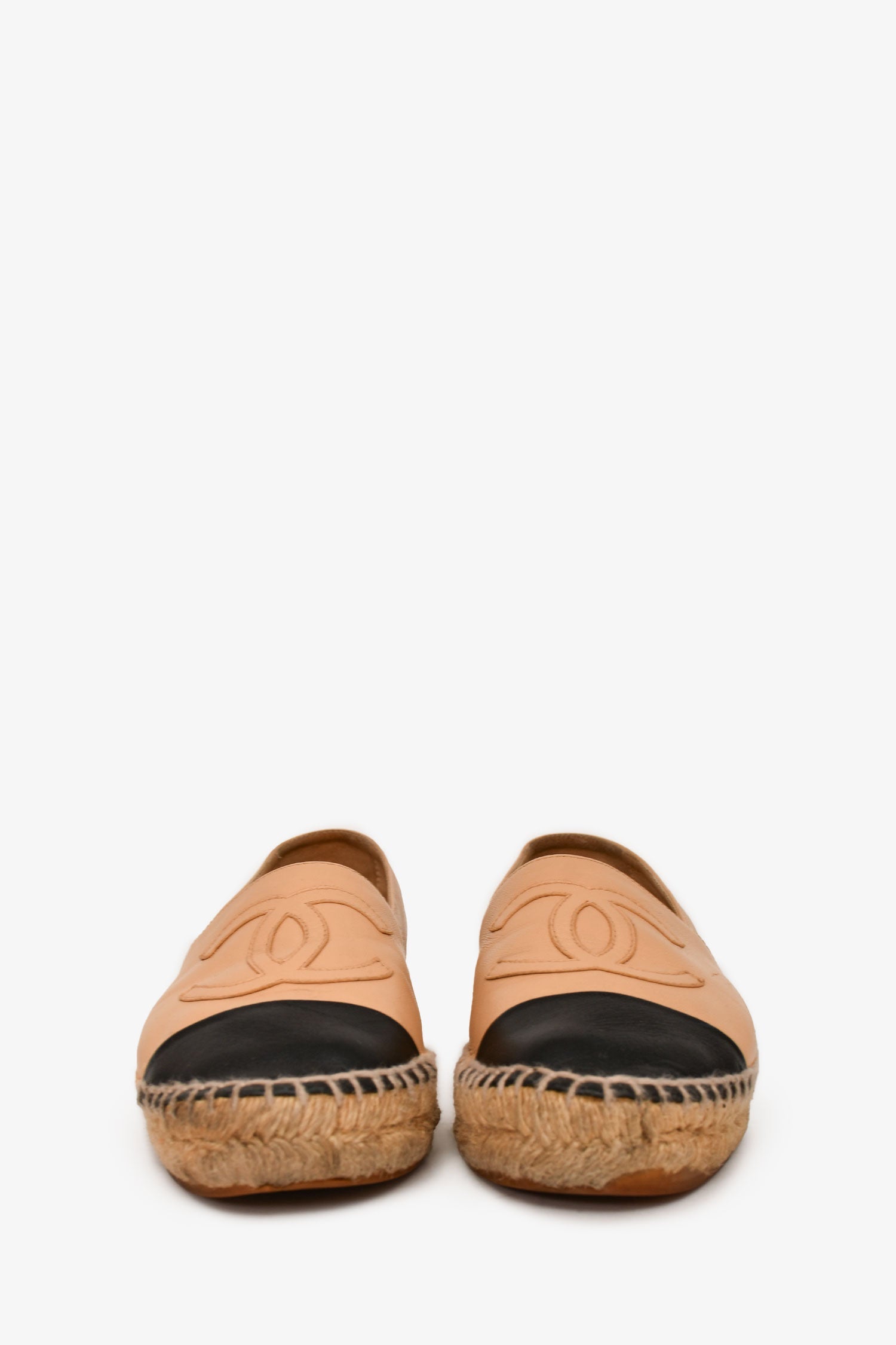 Pre-Loved Chanel™ Beige/ Black Leather CC Espadrilles Size 36