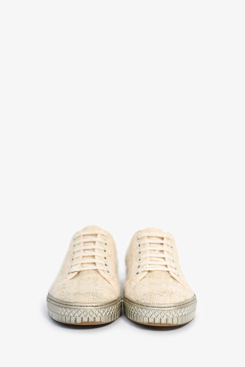 Pre-Loved Chanel™ Cream/Gold Metallic Tweed Lace Up CC Sneakers Size 37.5