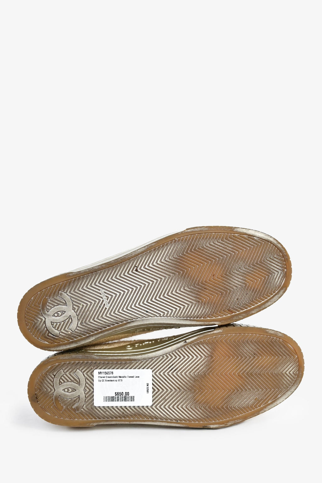 Pre-Loved Chanel™ Cream/Gold Metallic Tweed Lace Up CC Sneakers Size 37.5