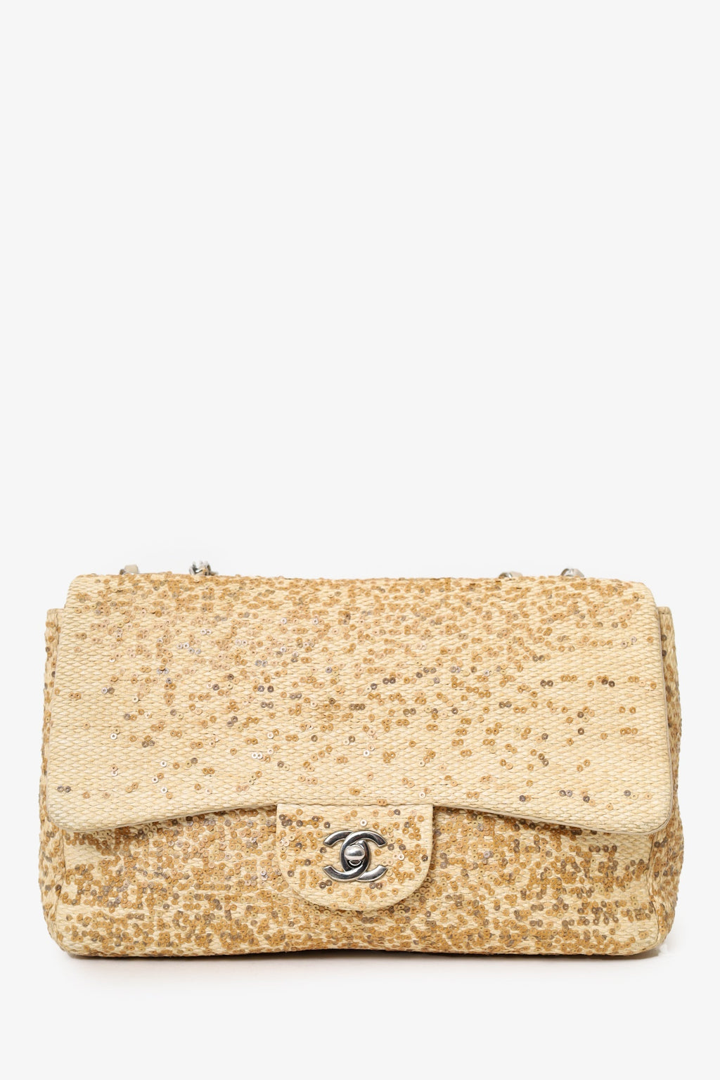 Pre-Loved Chanel™ 2013-14 Beige Raffia Sequin Small Single Flap Bag