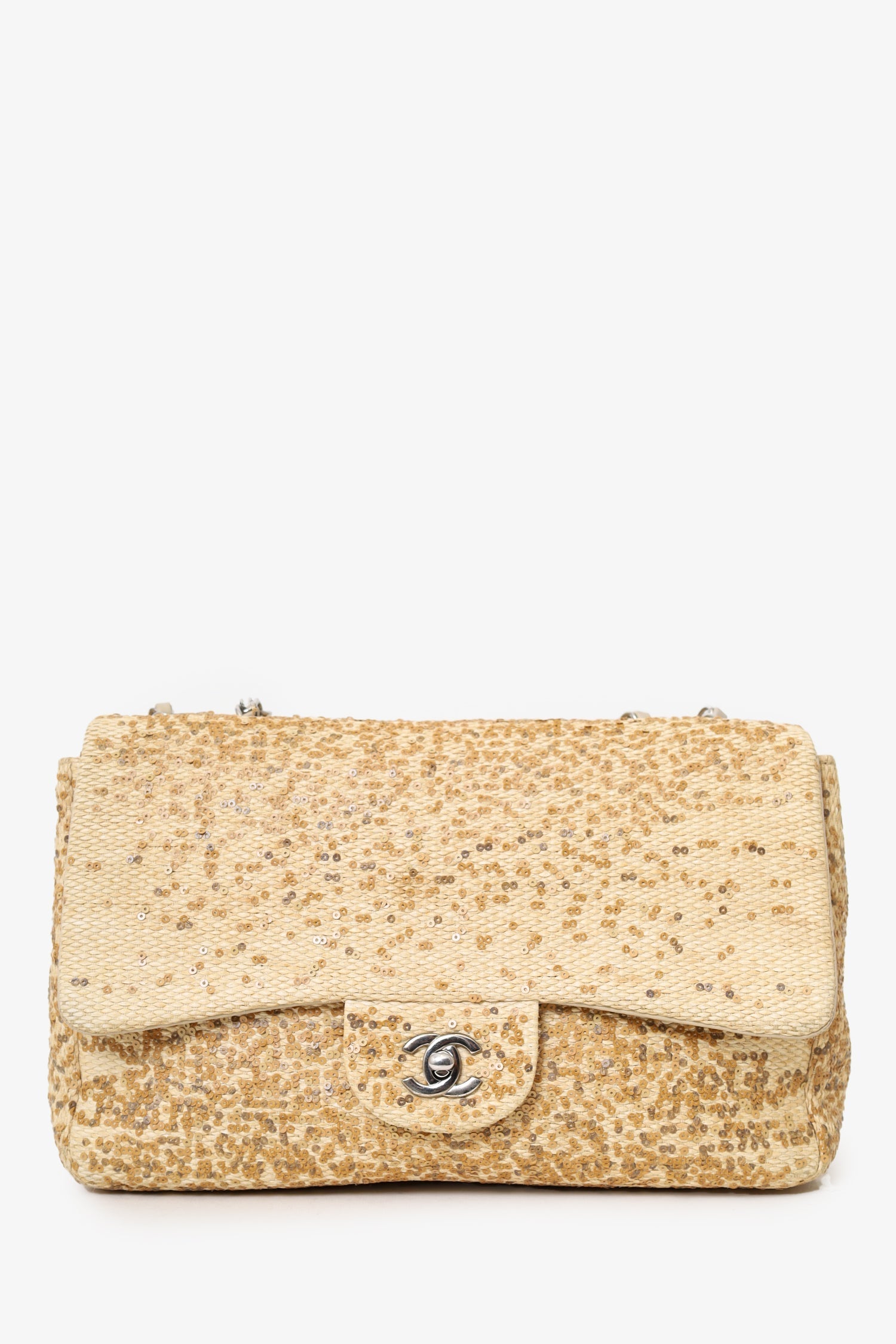 Pre-Loved Chanel™ 2013-14 Beige Raffia Sequin Small Single Flap Bag