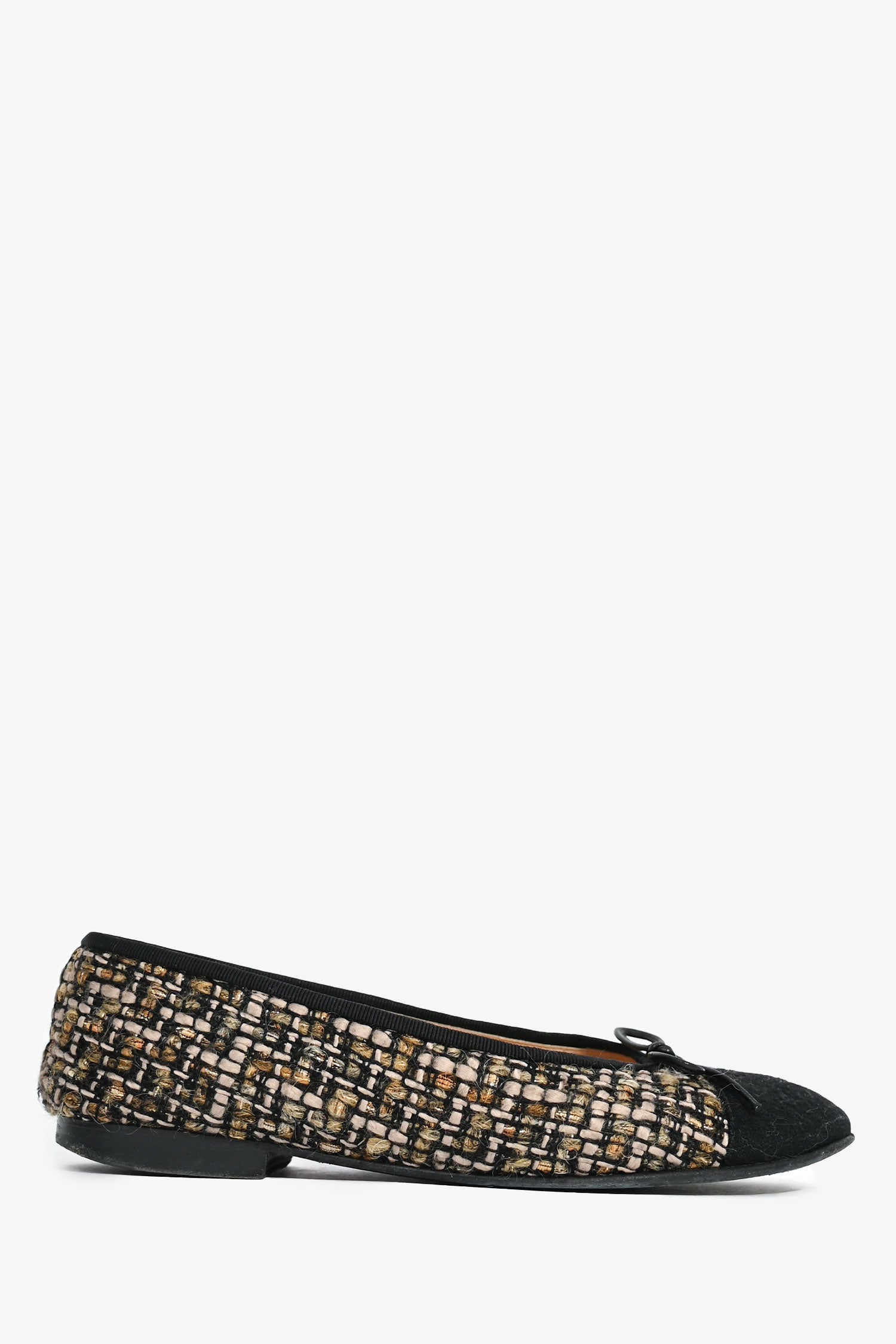 Pre-Loved Chanel™ Black/Brown Metallic Tweed Cap Toe Ballet Flats Size 36.5