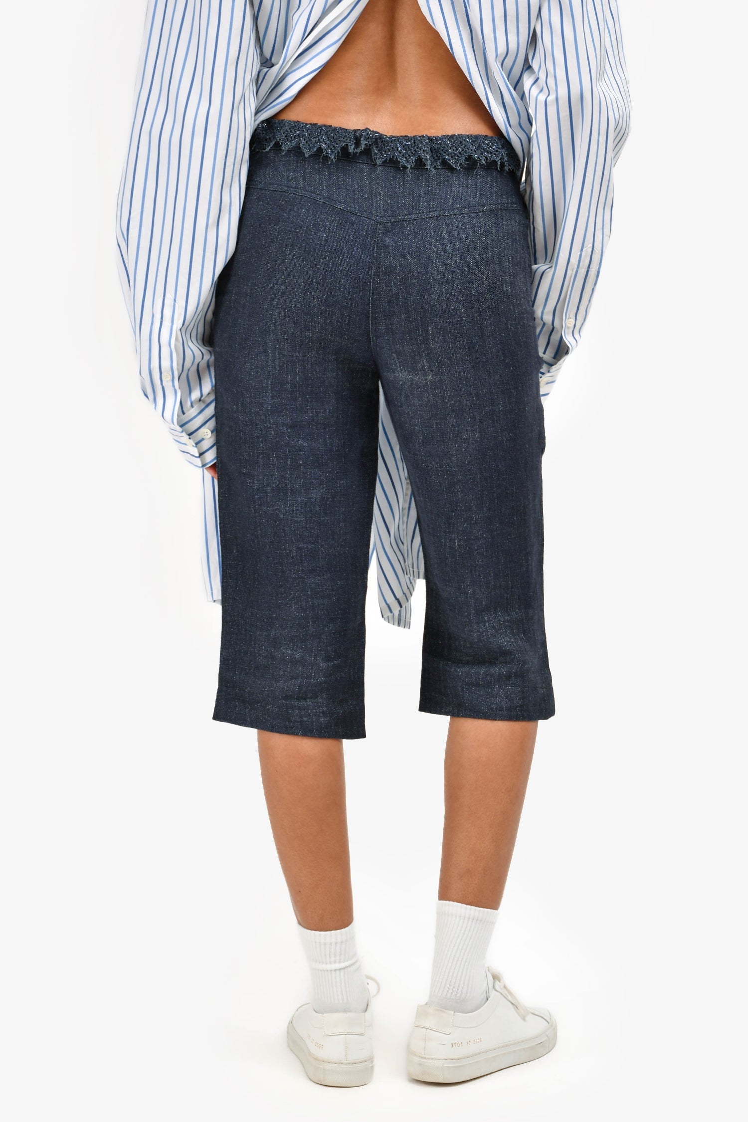 Pre-Loved Chanel™ 2004 Blue Linen Perforated Detail Bermuda Shorts Size 36