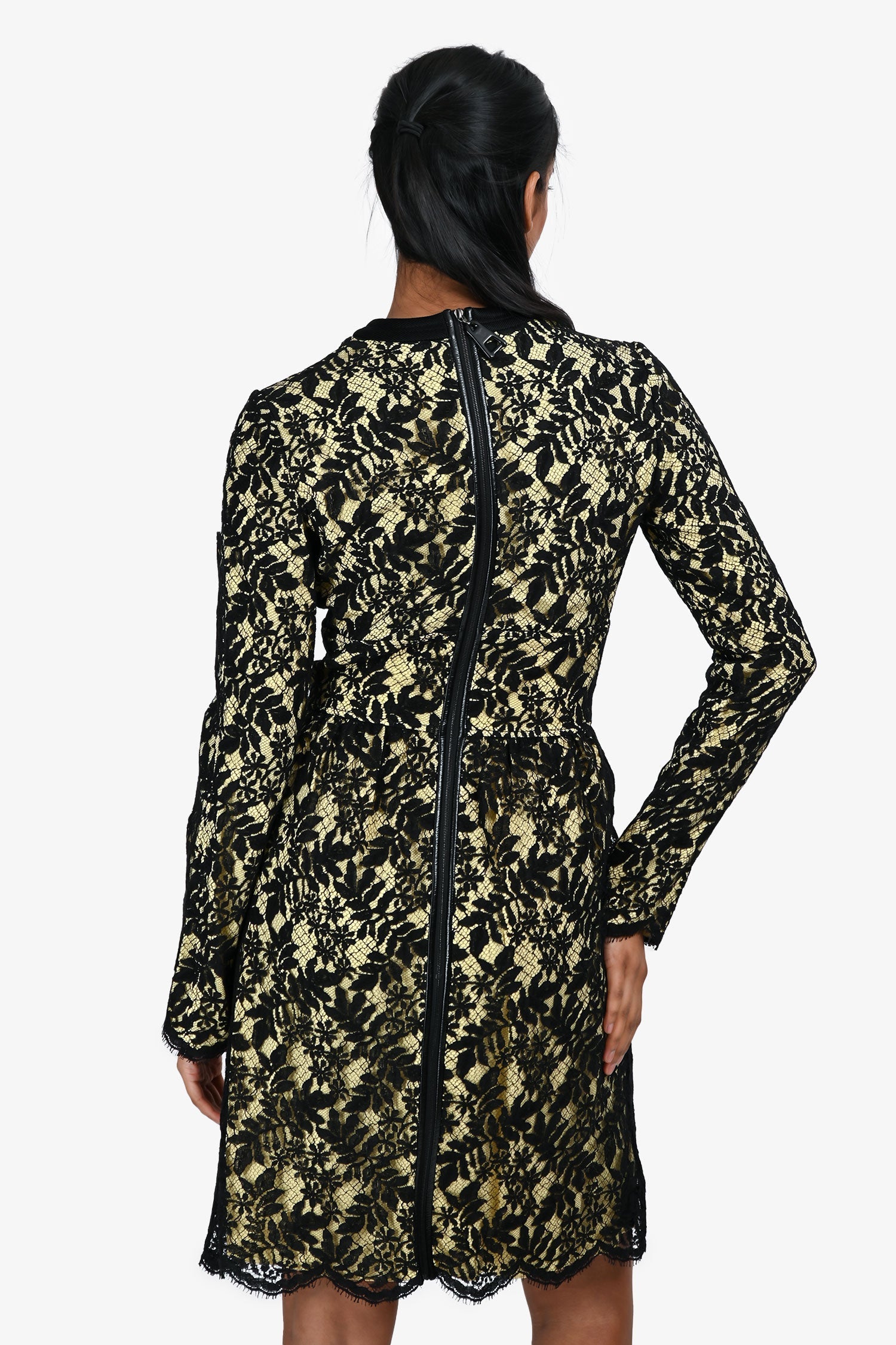 Louis Vuitton Black/Yellow Lace Leather Trim  Long Sleeve Midi Dress Size 36