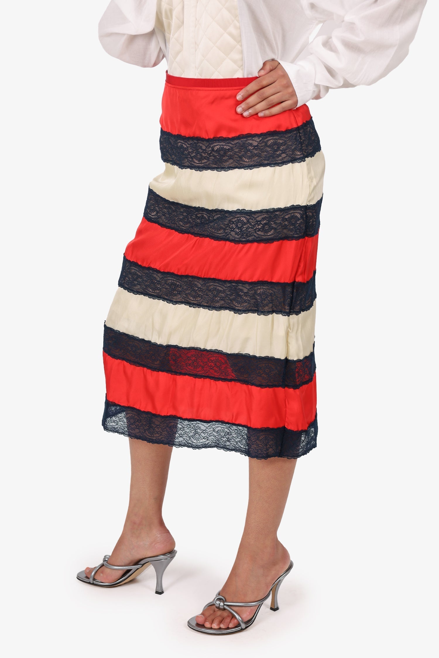 Gucci Red/Cream Silk/Lace Tiered Midi Skirt Size 40