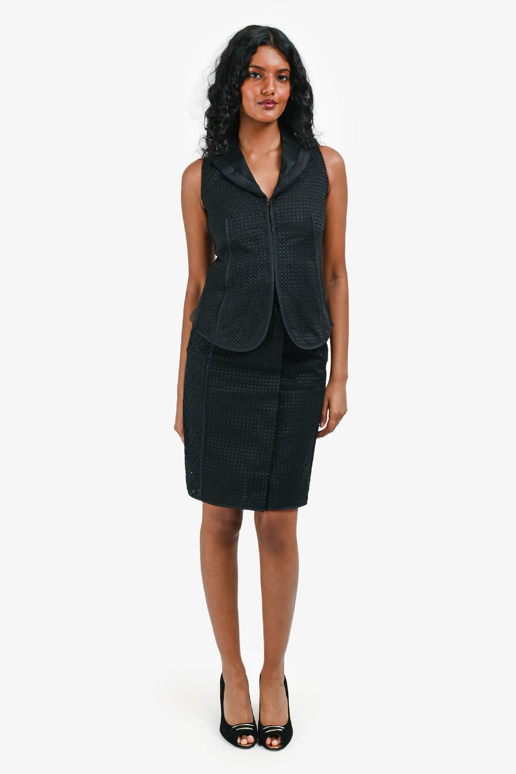 Louis Vuitton Black Eyelet Lace Vest Size 34 + Midi Skirt Size 36 Set