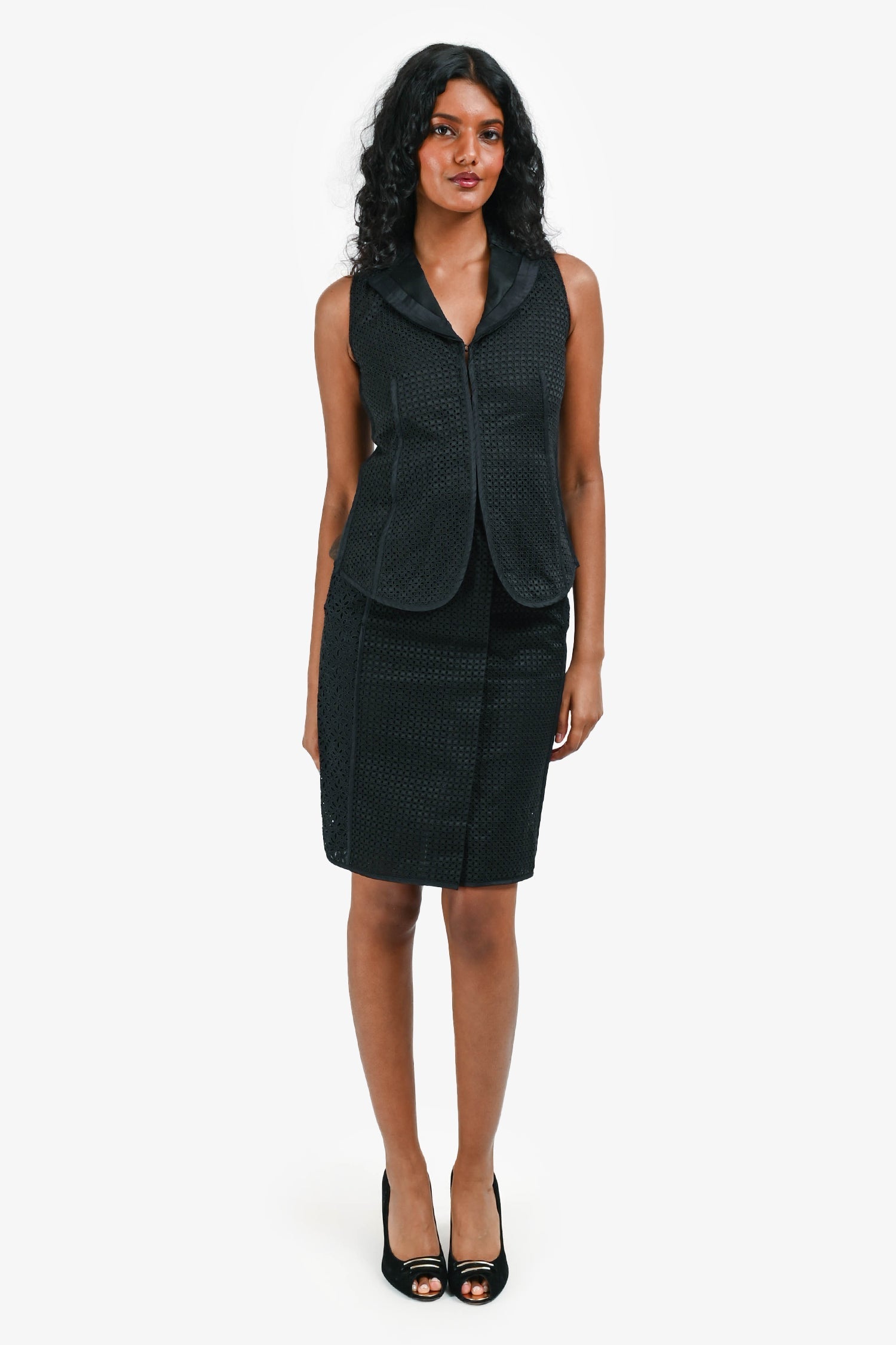 Louis Vuitton Black Eyelet Lace Vest Size 34 + Midi Skirt Size 36 Set