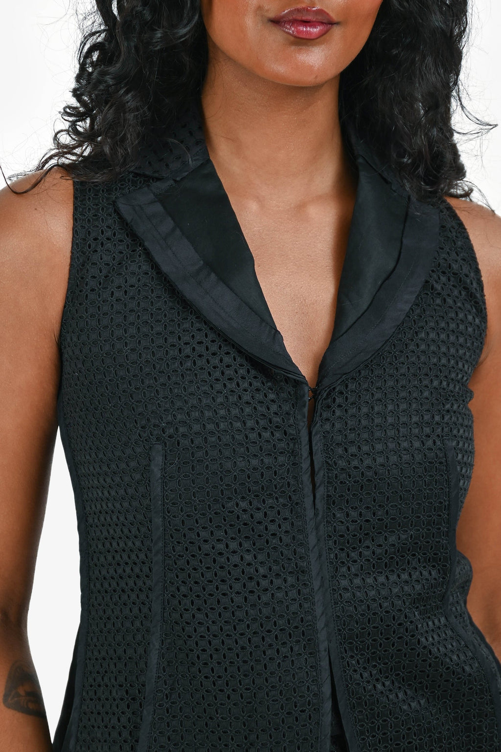 Louis Vuitton Black Eyelet Lace Vest Size 34 + Midi Skirt Size 36 Set